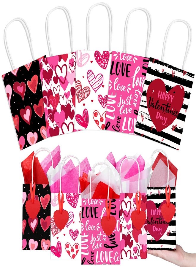 Cooraby 30 Pieces Valentines Day Mini Kraft Gift Bags With Handles, Tissue Paper and Tags - Assorted Styles Party Bags for Presents, 4.8 x 2.4 x 6 Inches - Image 1